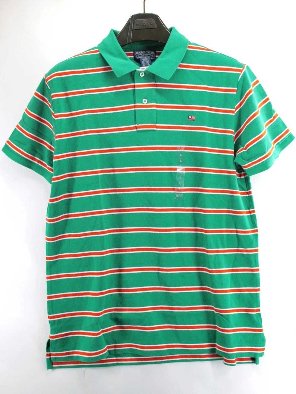 NWT Vintage Polo Jeans Co Ralph Lauren Mens Large Green Stripe Short Sleeve Polo